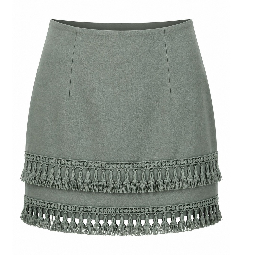 Lulus Mini Skirt Womens S Tassel Fringe Crochet Trim Olive Green Boho Modern